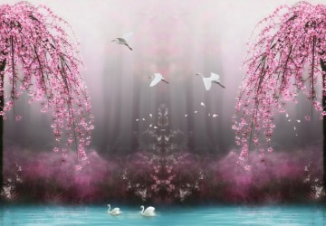 göl kenarı pembe çiçekli ağaç…
